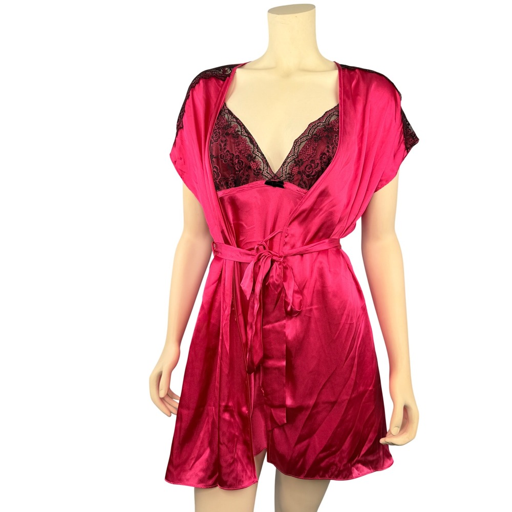 Linea Donatella Robe Chemise Set Womens Size L Pink Satin Lace Trim Date Night